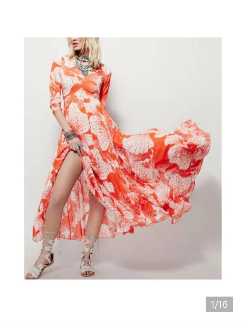 Free People First Kiss Floral Long Sleeve Maxi Dress In Orange White Medium